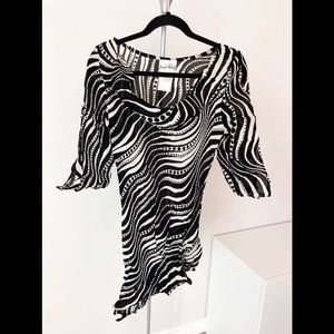 Joseph Ribkoff Black & White Wavy-Print Draped Neck Blouse